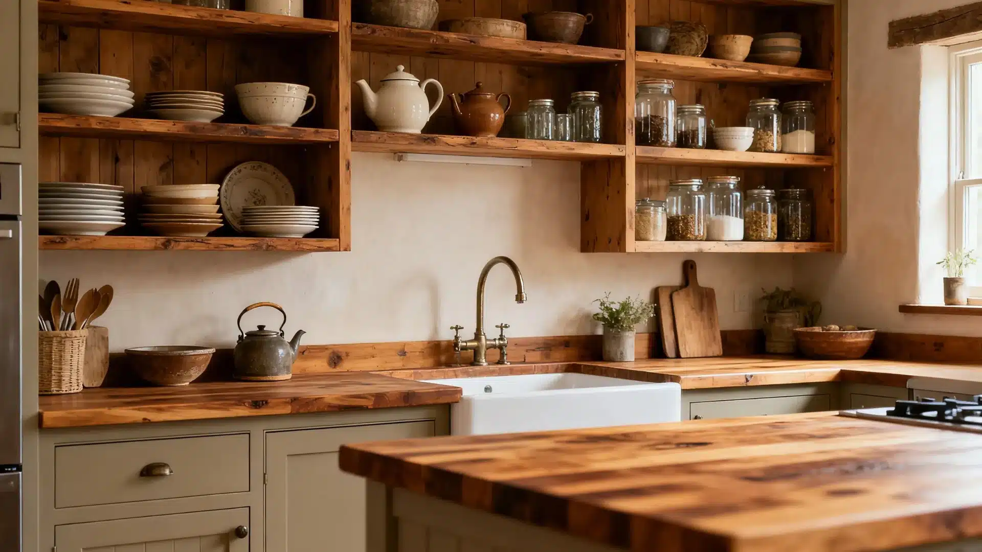 An English style cottage kitchen with wooden shelves and a farmhouse sink