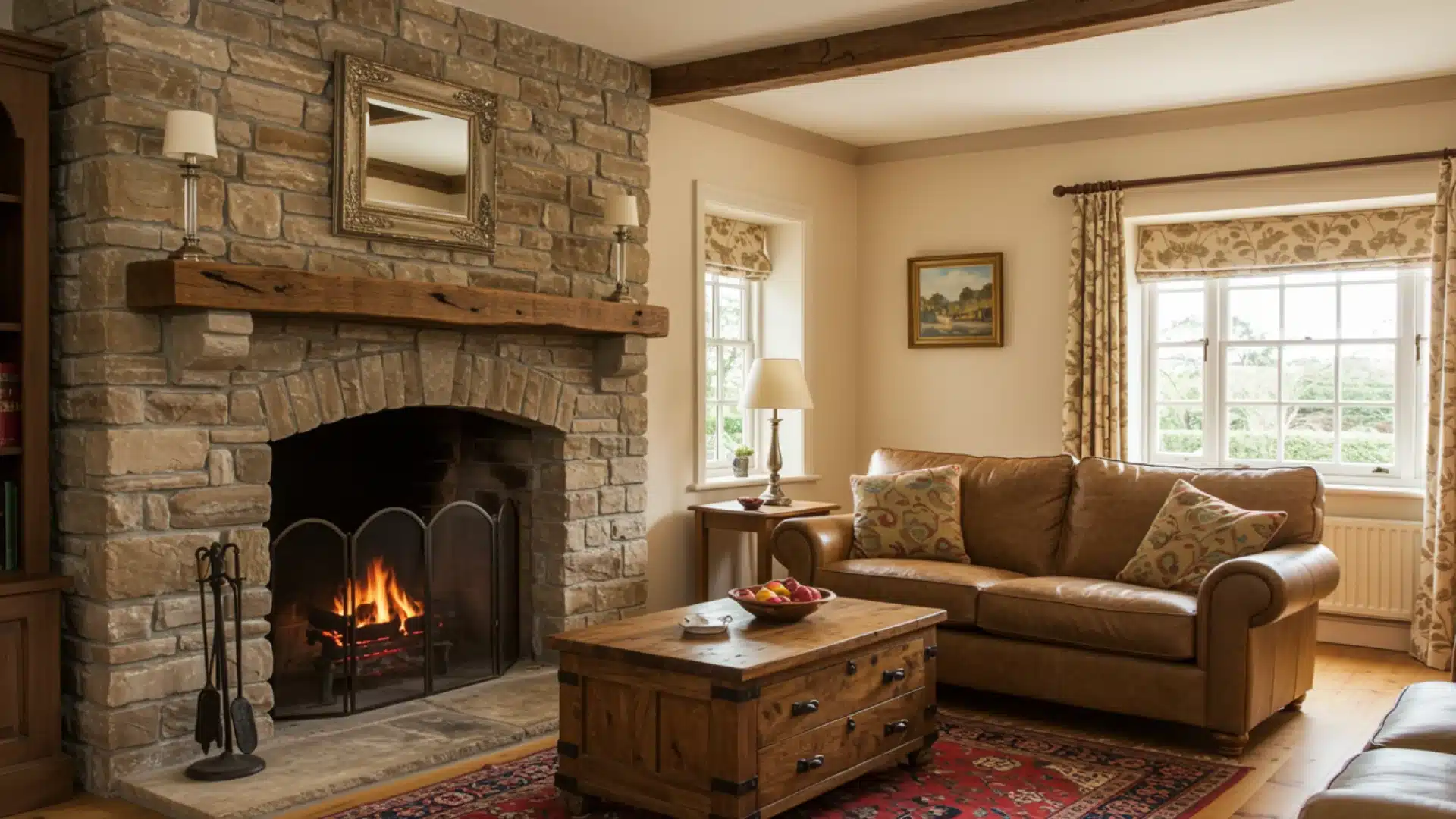 An inviting living room with a stone fireplace and a plush couch, reflecting an English cottage