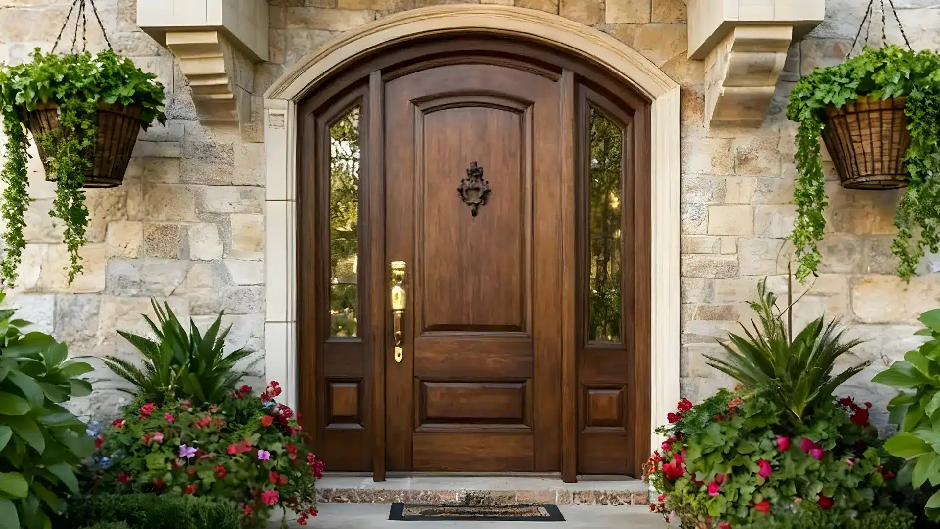 Arched wooden front door surrounded by colorful flower pots, creating a welcoming entrance