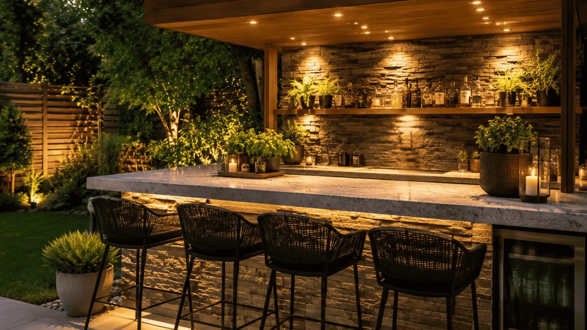 Modern backyard outdoor bar with stone counter, warm lighting, stools, and mini fridge