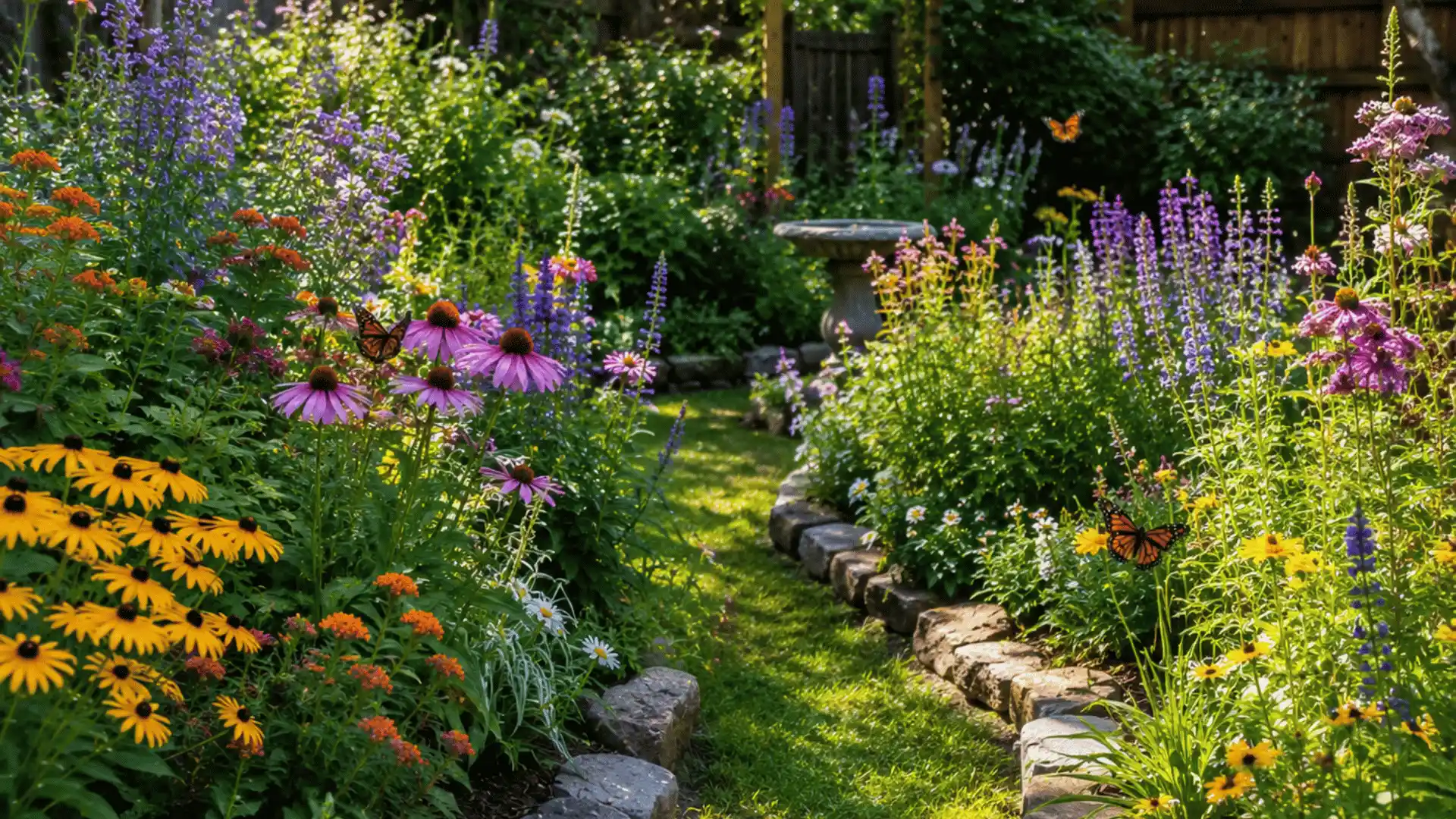 Peaceful backyard garden oasis with gravel pathway, layered greenery, and cozy seating
