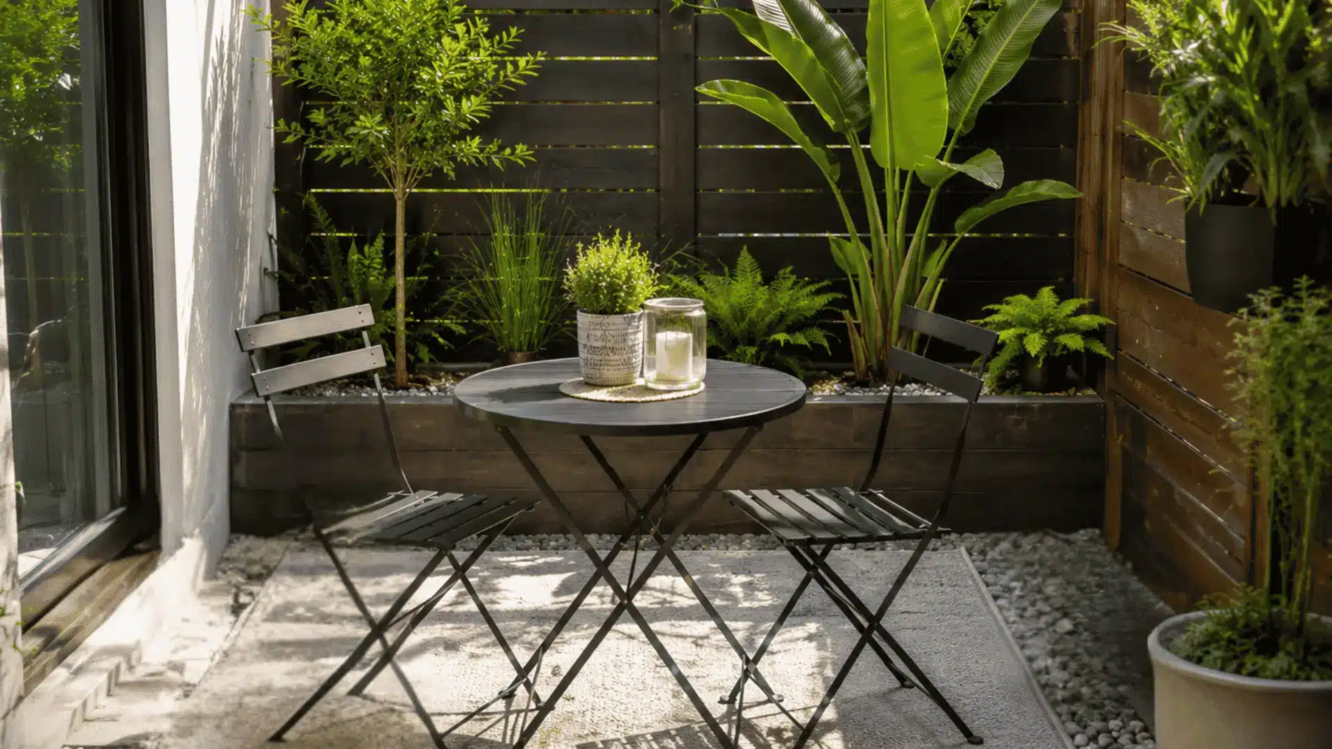 Small backyard patio with foldable bistro table, potted plants, and modern fence backdrop