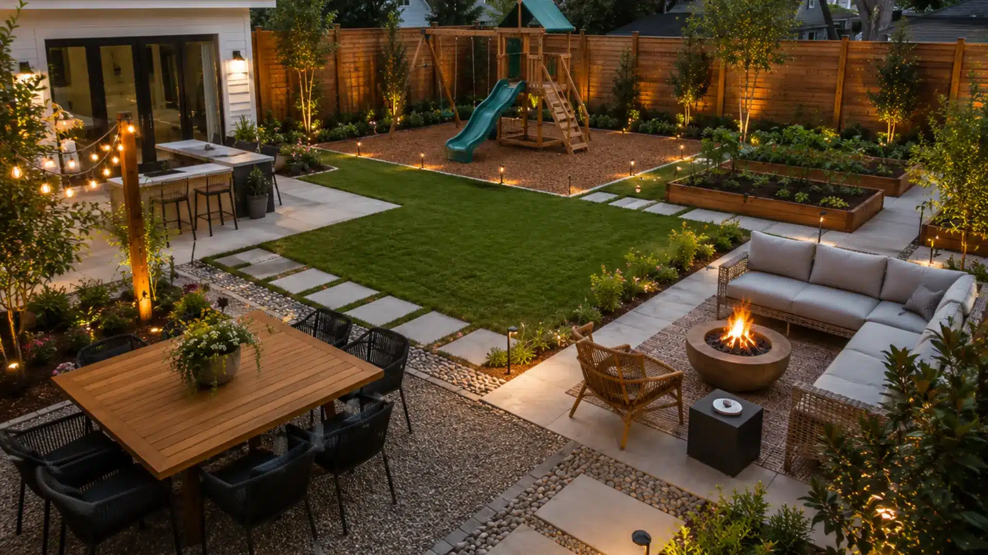 Modern backyard with dining zone, lounge area, play corner, and garden pathway layout