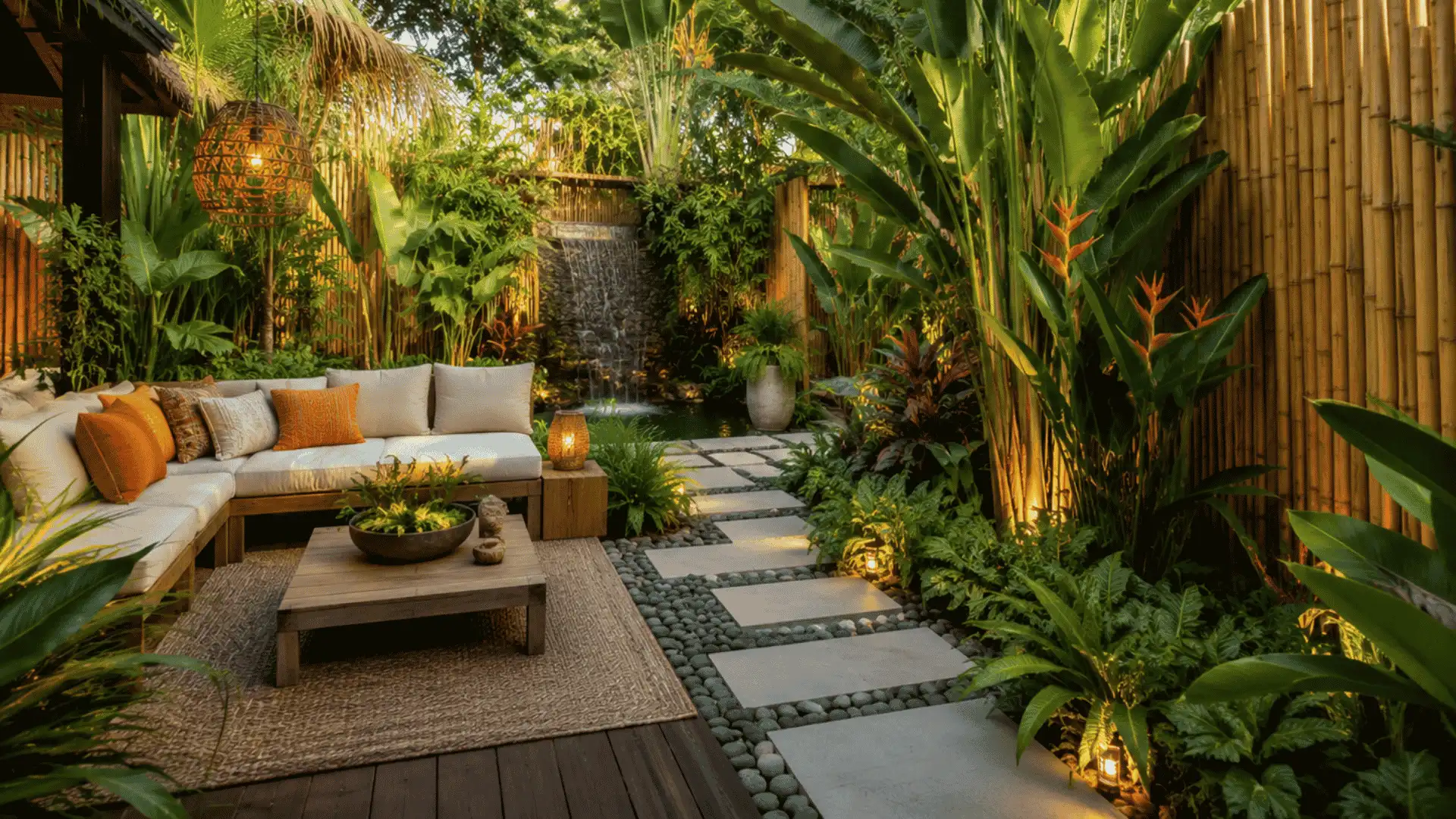 Tropical backyard lounge with banana plants, bamboo fencing, and resort inspired seating