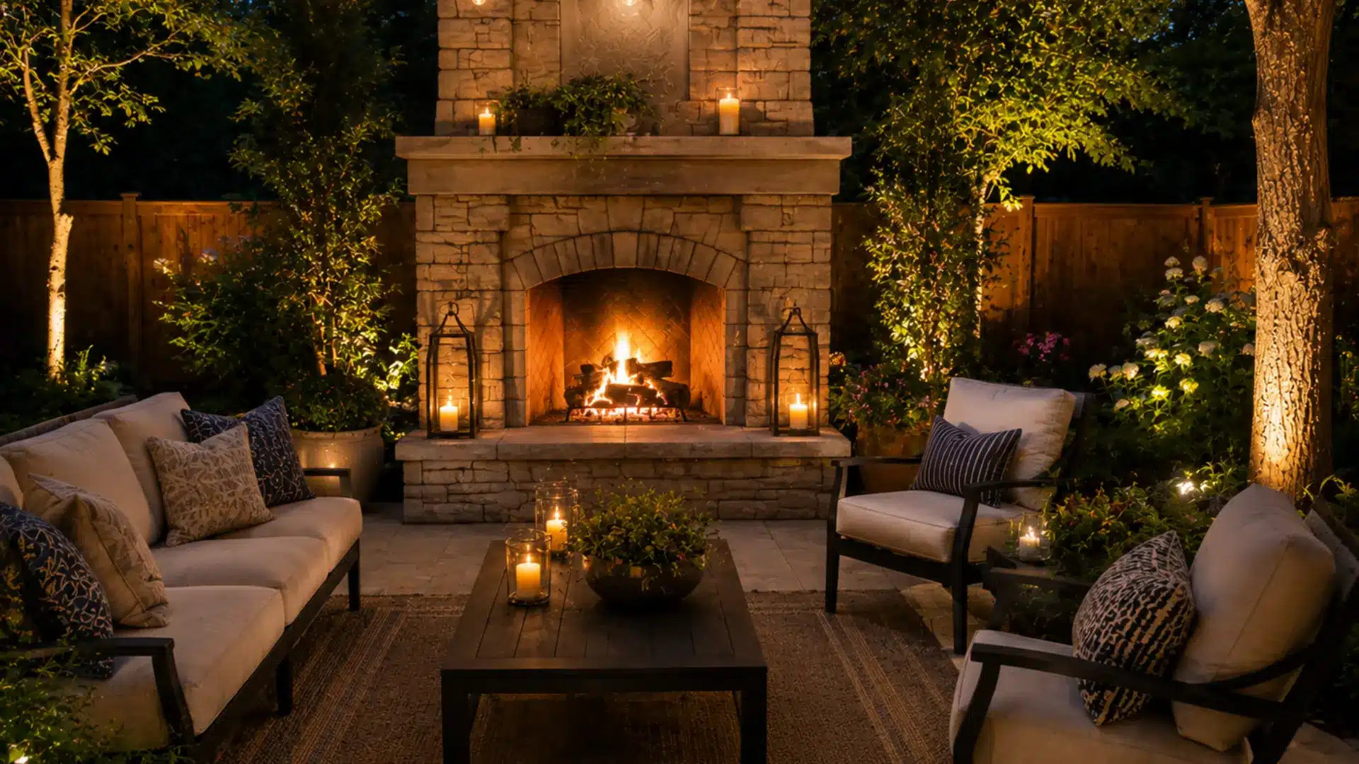 Elegant backyard stone fireplace with cozy seating and warm evening string lighting