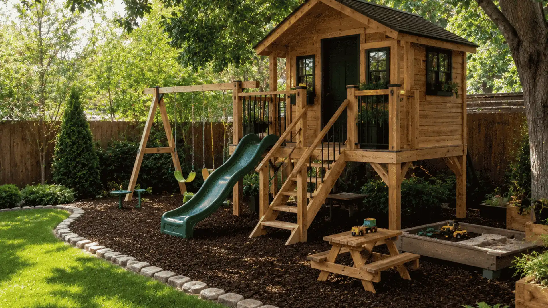 Family friendly backyard playhouse with swings, sandbox, and shaded green lawn