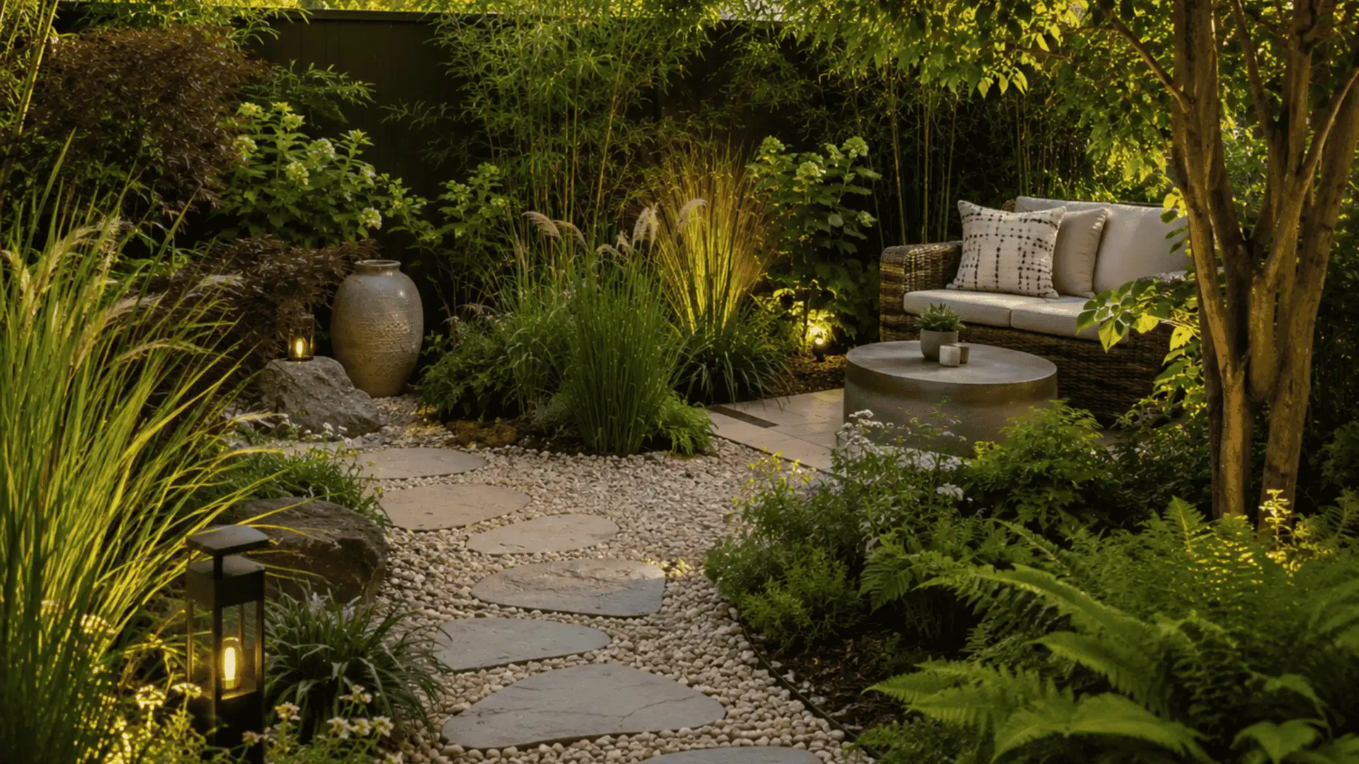 Colorful wildflower backyard garden with butterflies, stone borders, and grassy pathway
