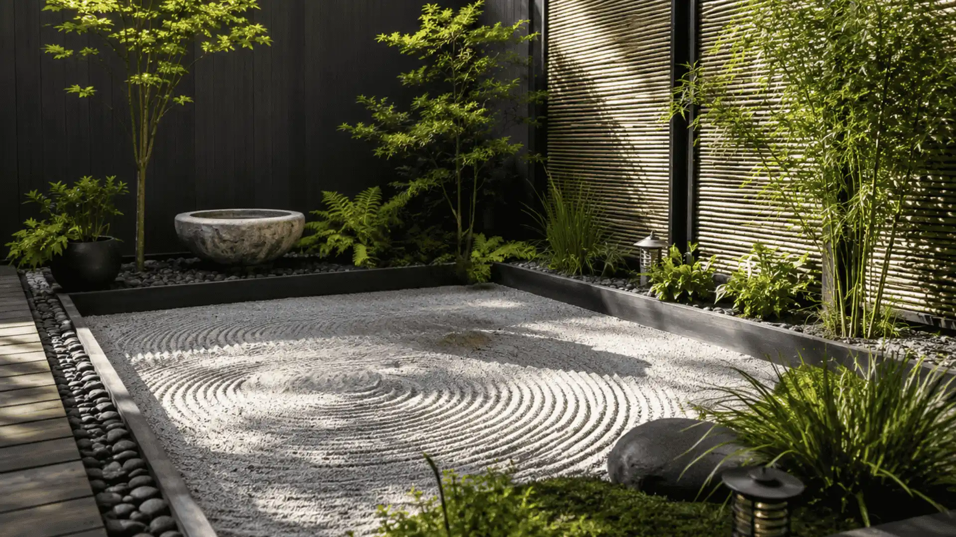 Minimal Japanese inspired zen backyard with raked gravel, river stones, and greenery
