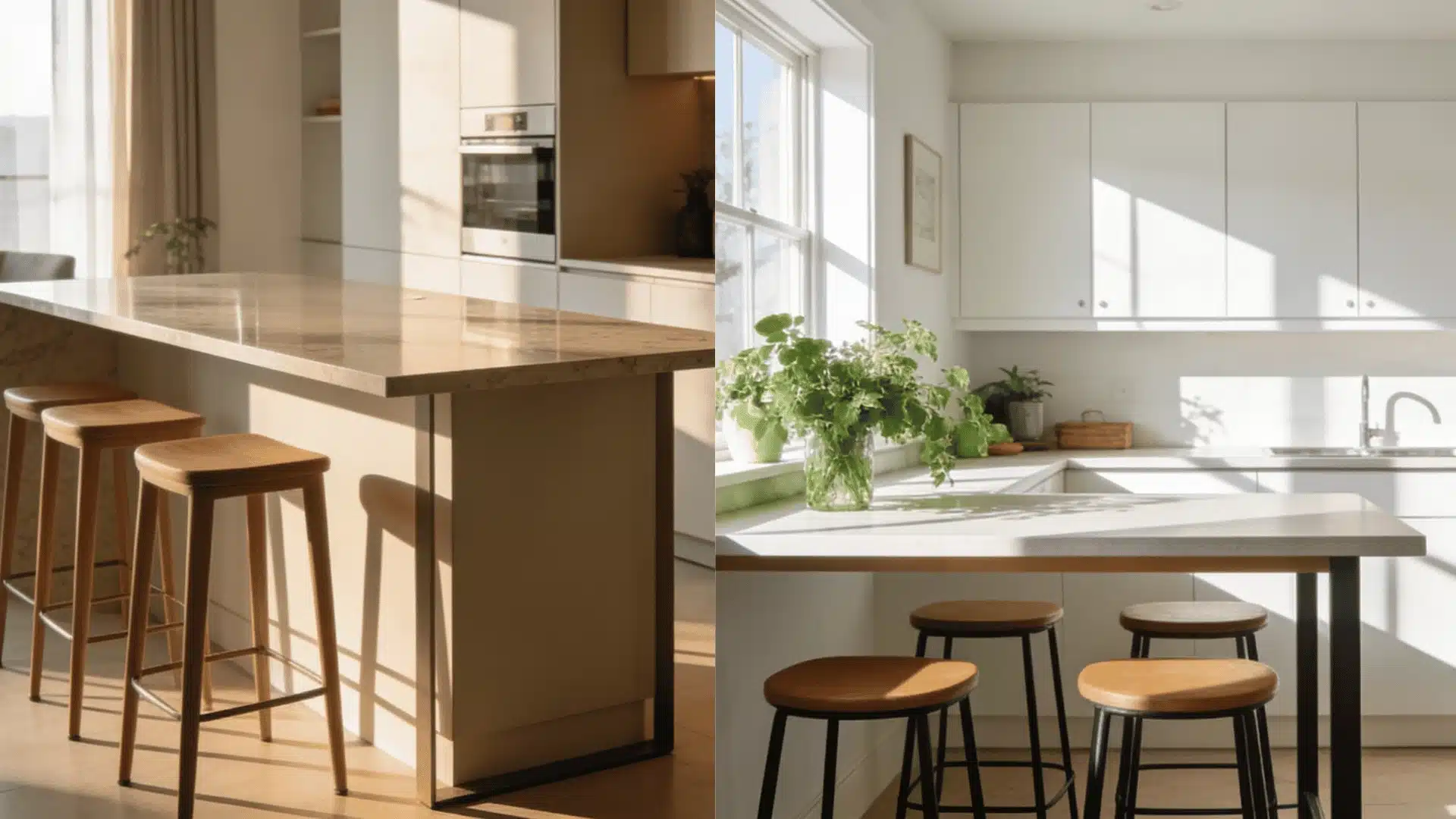 Side-by-side view of a modern kitchen island and a sunny breakfast bar with stools