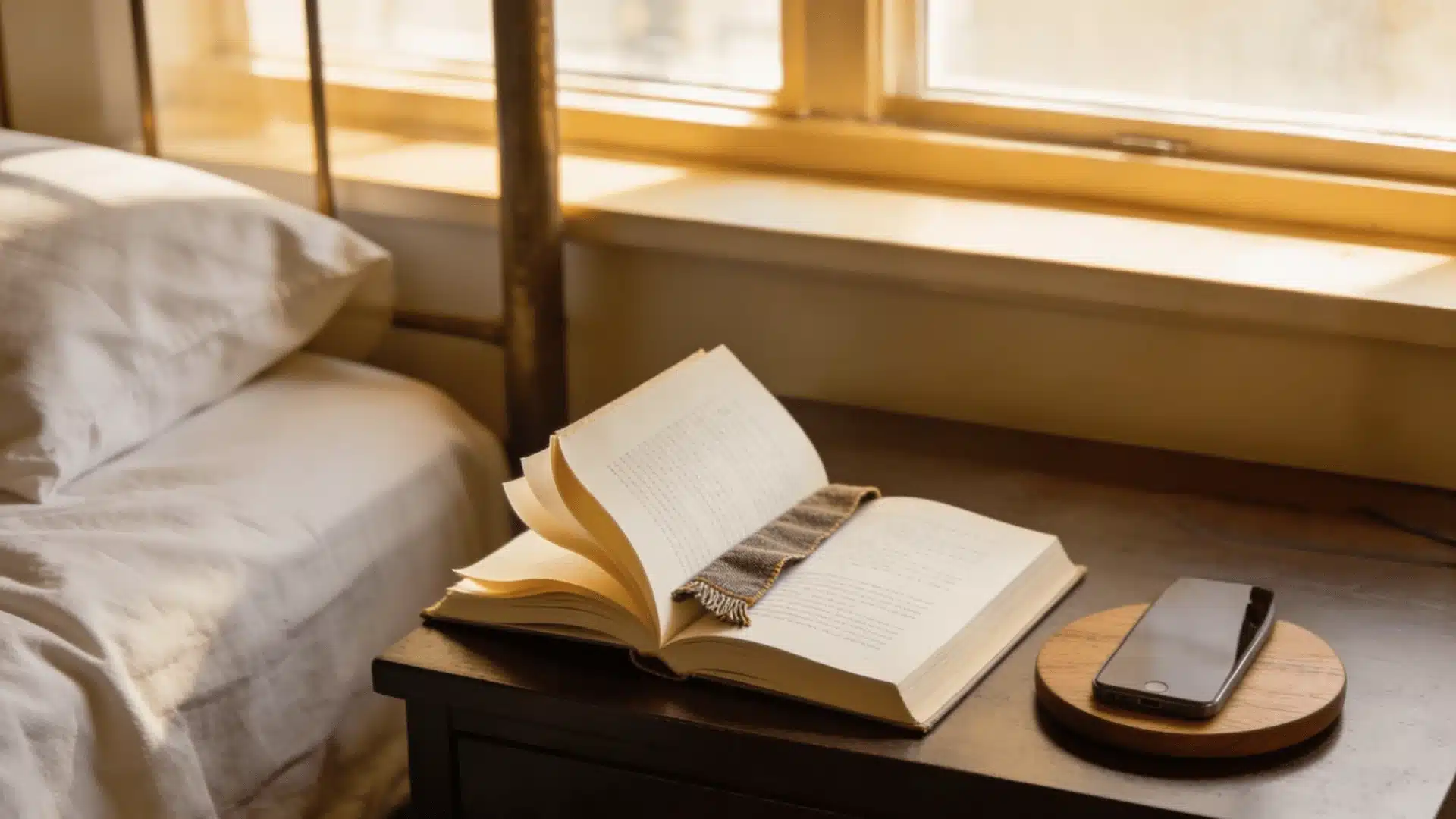 An open book with a bookmark and a smartphone on a dark wooden nightstand