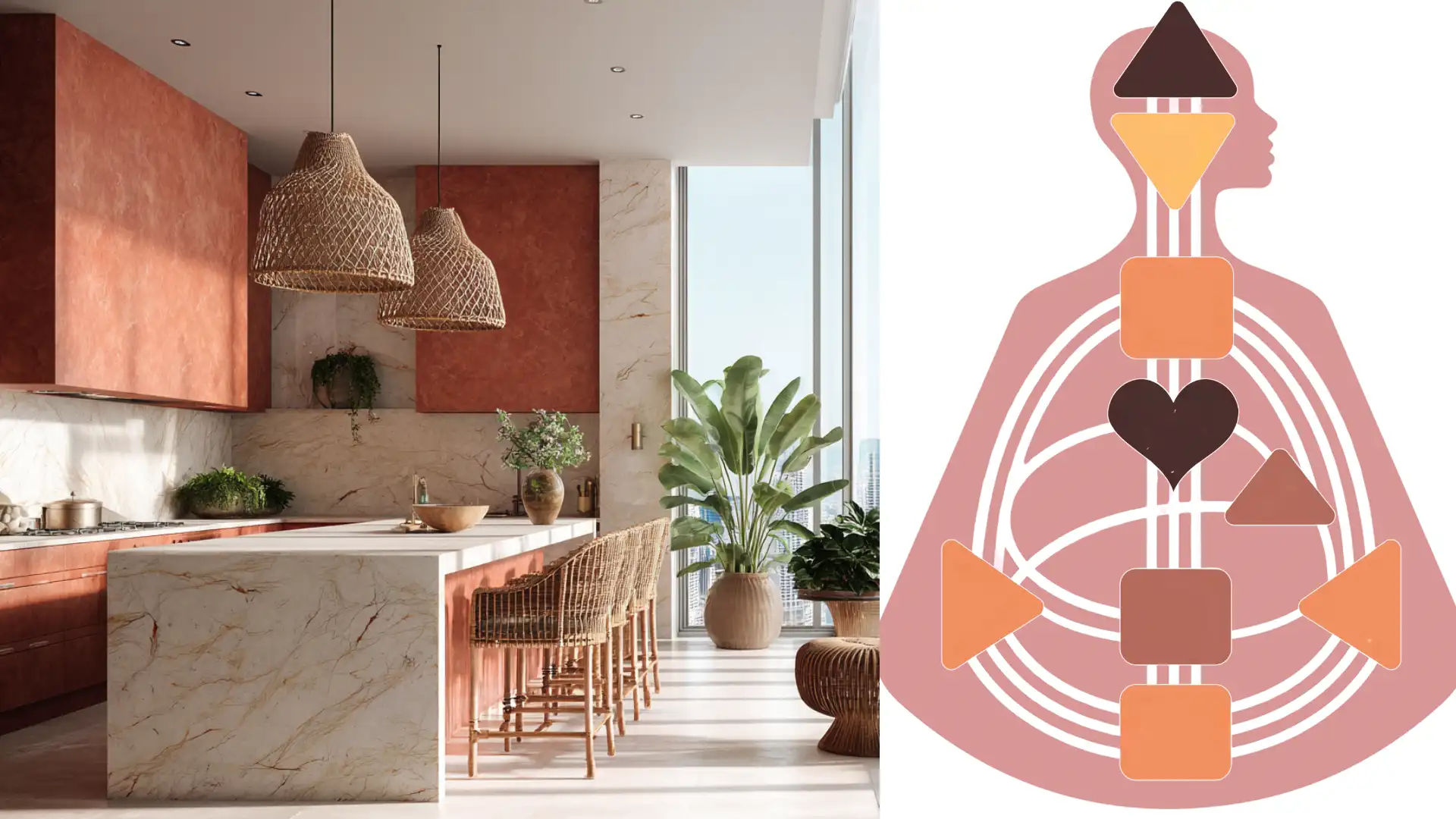 Editorial wellness aesthetic combining luxury interior design with spiritual energy symbolism.