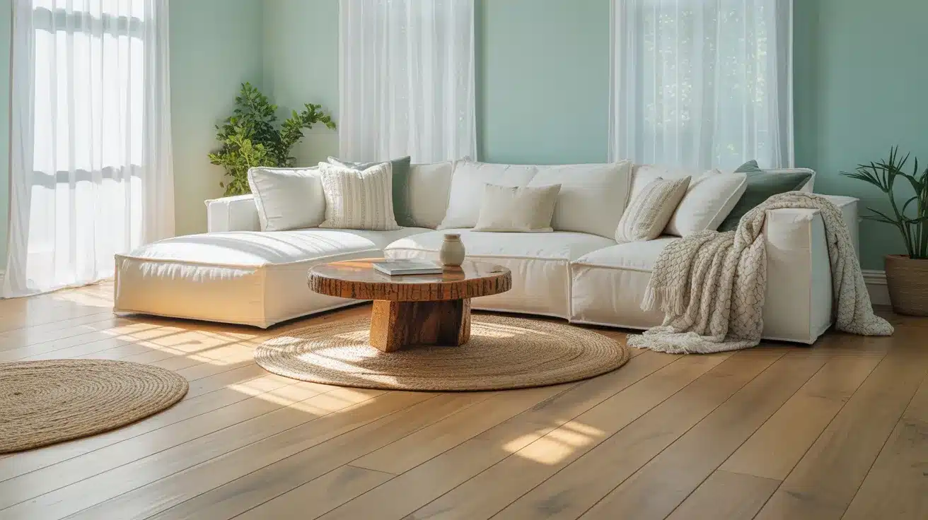 Bright living room with a large white sectional sofa, round wooden coffee table, and natural light streaming across light wood floors and jute rugs