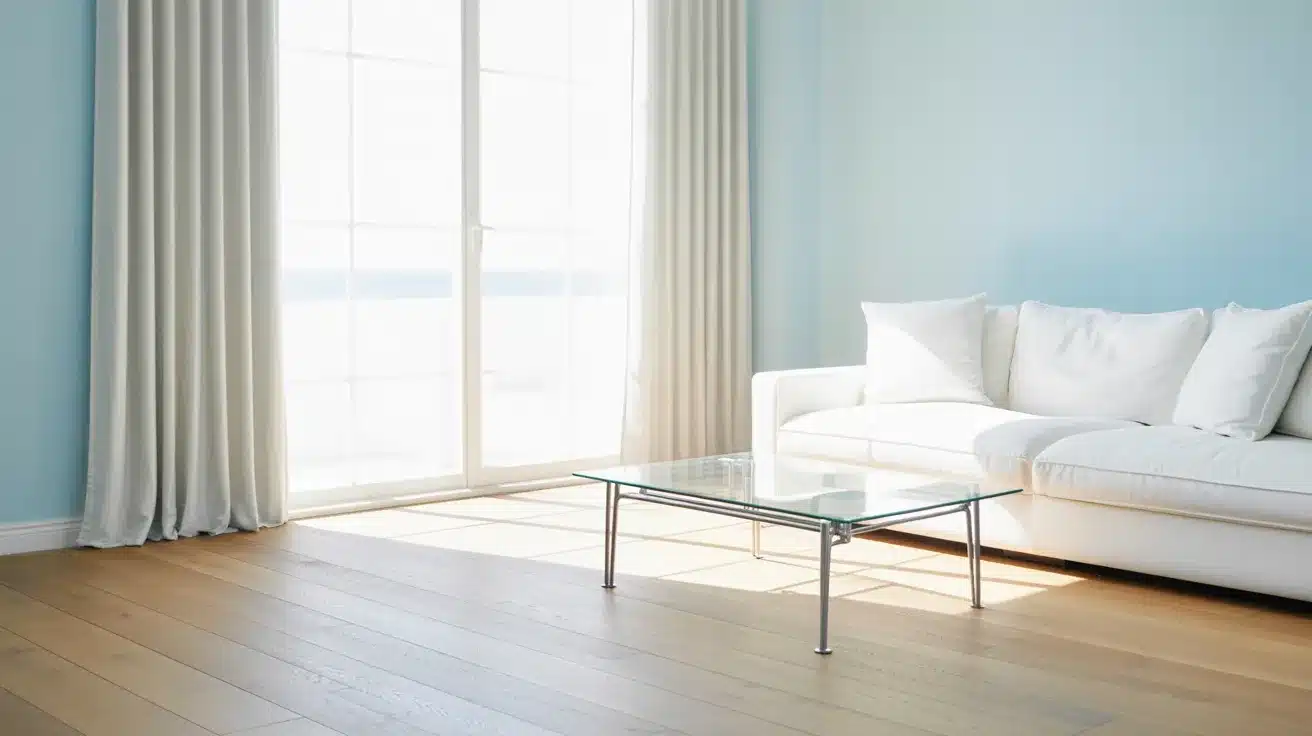 Bright, modern living room with light blue walls, light wood flooring, a white sofa, and a glass coffee table illuminated by sunlight streaming through large patio doors