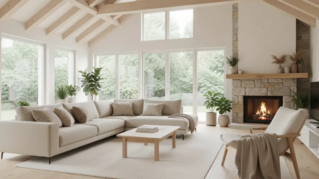 Bright Scandinavian living room with a large sectional sofa, a stone fireplace with a roaring fire, and expansive windows.