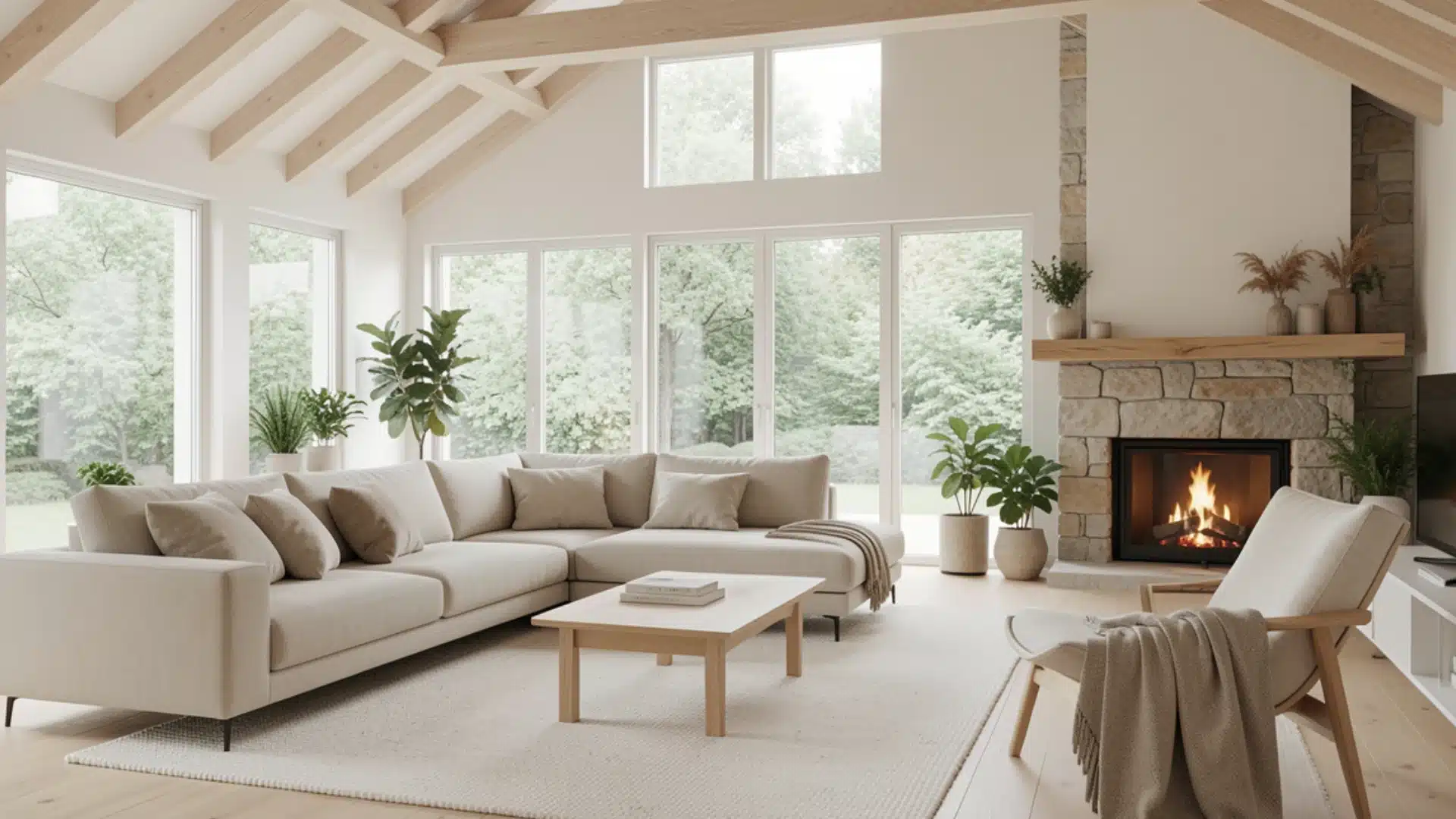Bright Scandinavian living room with a large sectional sofa, a stone fireplace with a roaring fire, and expansive windows.
