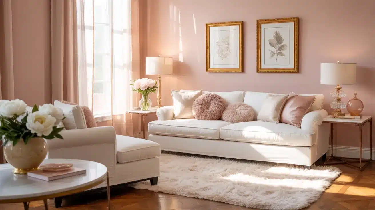 Brightly lit living room featuring a white sofa, pale pink walls, a fluffy white rug, and gold-framed botanical art
