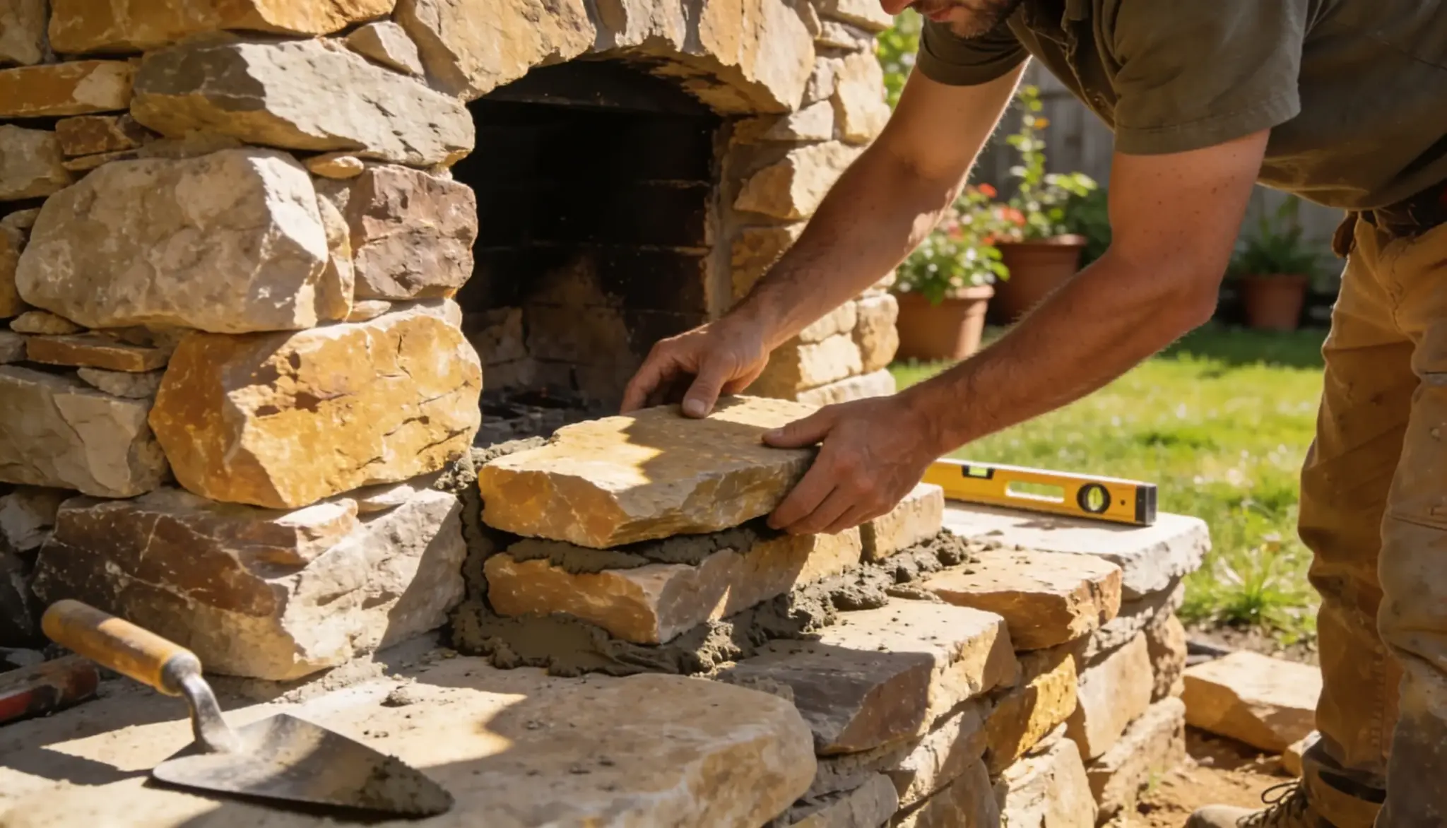 Mason carefully places a stone as part of building an outdoor stone oven with trowel and level visible.