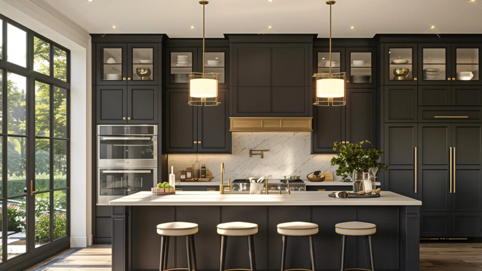 Charcoal brown matte cabinets cream countertops brass hardware layered lighting luxury modern kitchen realistic interior