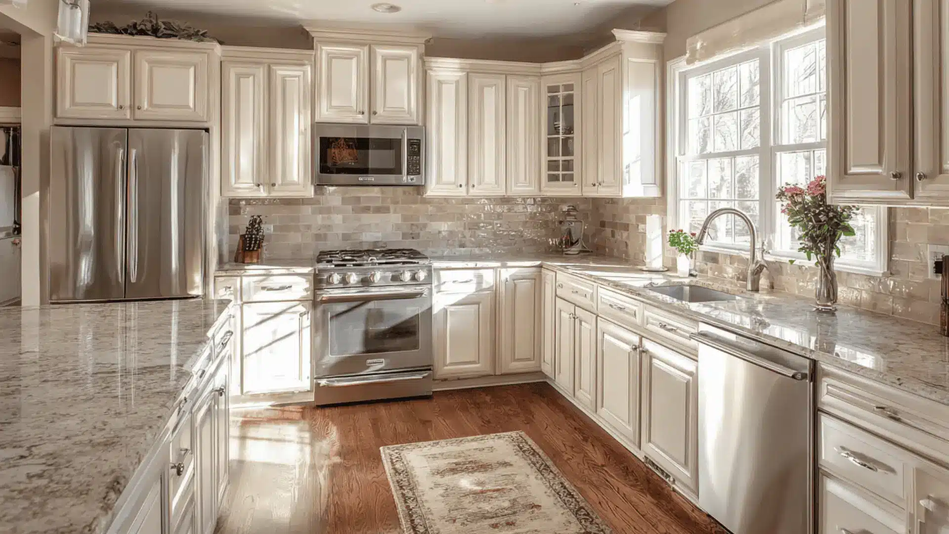 u shaped kitchen cream cabinets granite countertops glossy tile backsplash stainless steel appliances and wood flooring