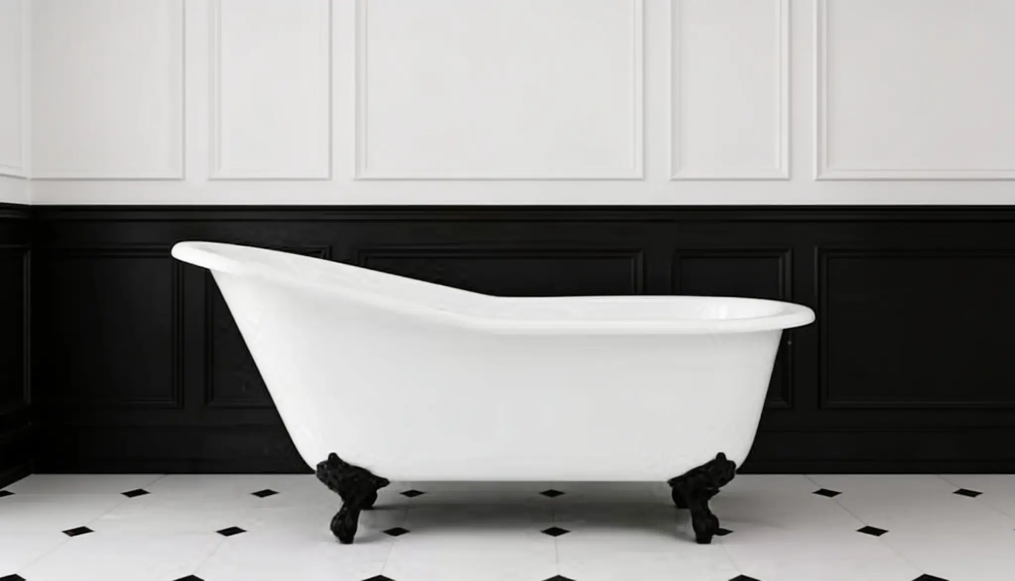 A white clawfoot bathtub sits on a black and white tiled floor against a black paneled wall and white wainscoting.
