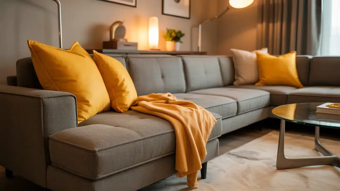 Close-up of a contemporary gray sectional sofa accented with bright yellow throw pillows and a matching blanket in a warmly lit living room