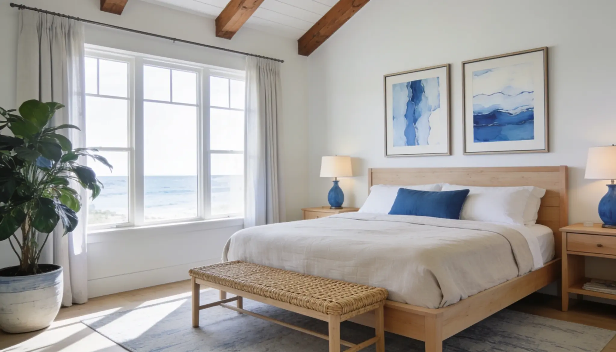A coastal neutral bedroom showcasing a well-made bed, a sunny window, and a decorative plant enhancing the space's ambiance.