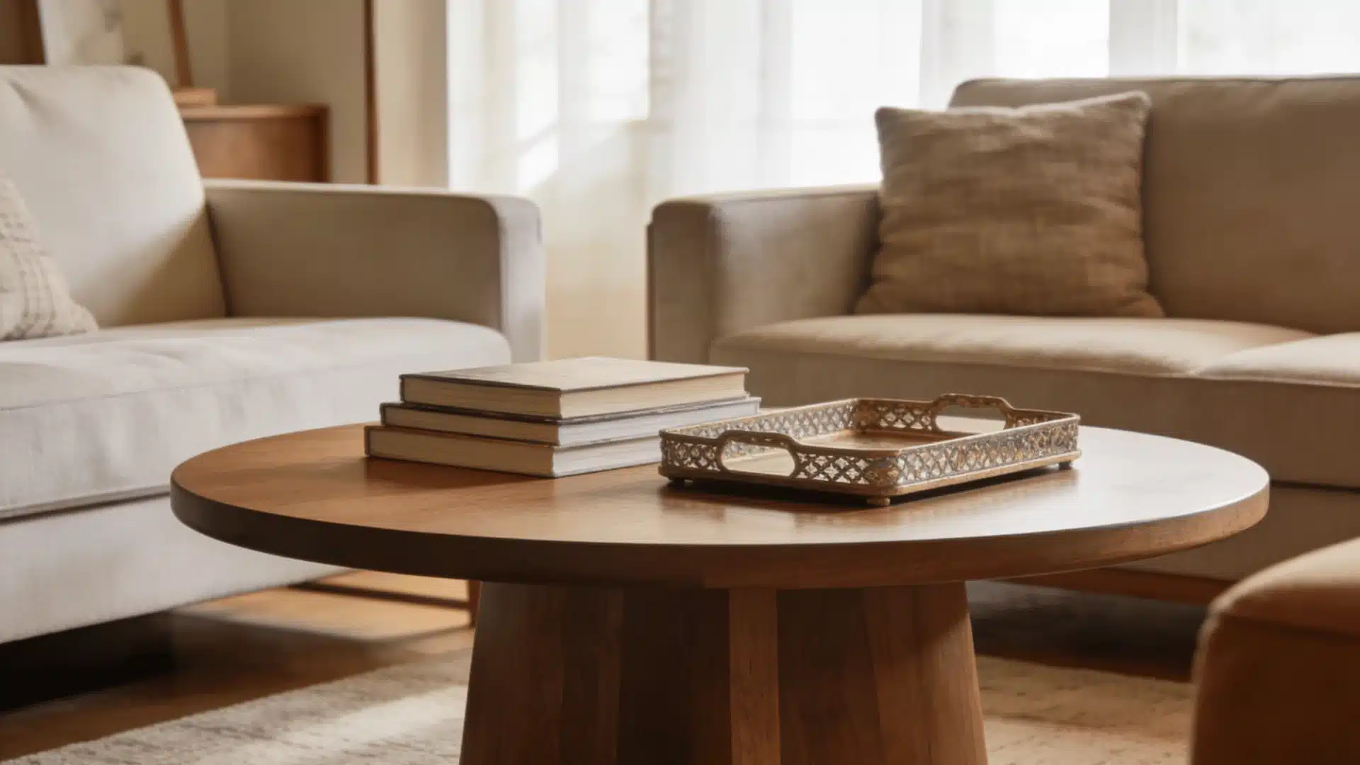 Round wooden coffee table with books and a tray between two beige sofas