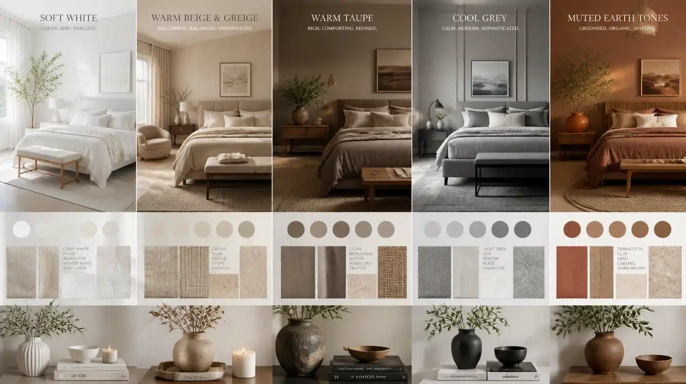 A modern bedroom color palette featuring soft neutrals, muted blues, and warm accents for a calming atmosphere.