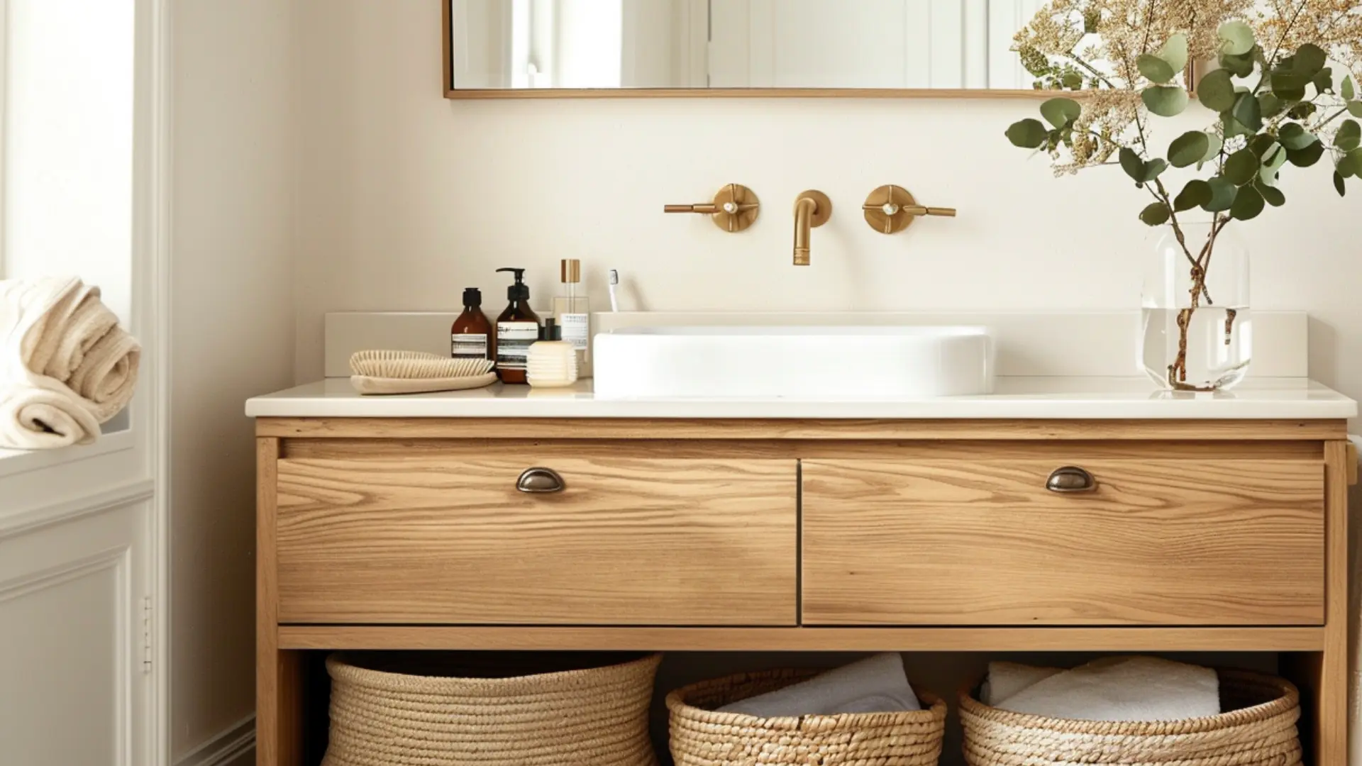 Small bathroom with compact double duty vanity and hidden mirror storage