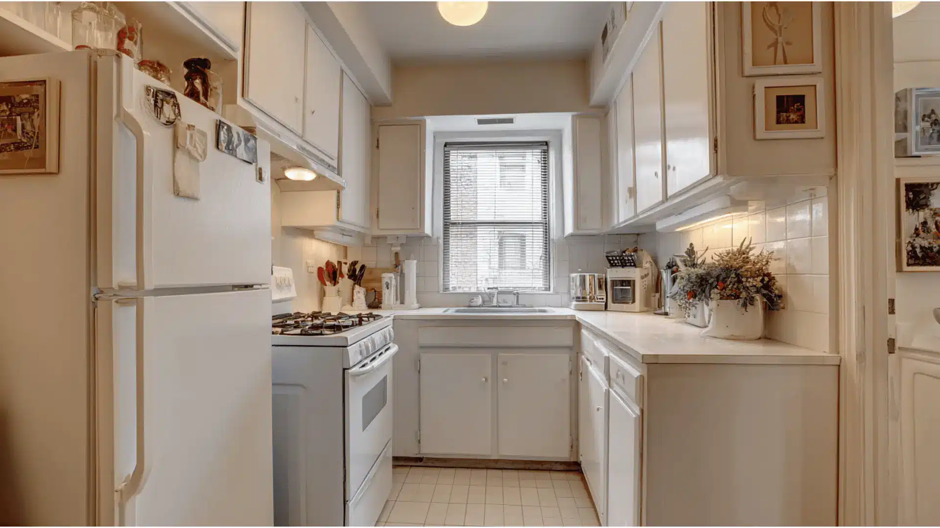 small <echighlighted>u shaped kitchen</echighlighted> white cabinets window centered sink tile backsplash and compact layout
