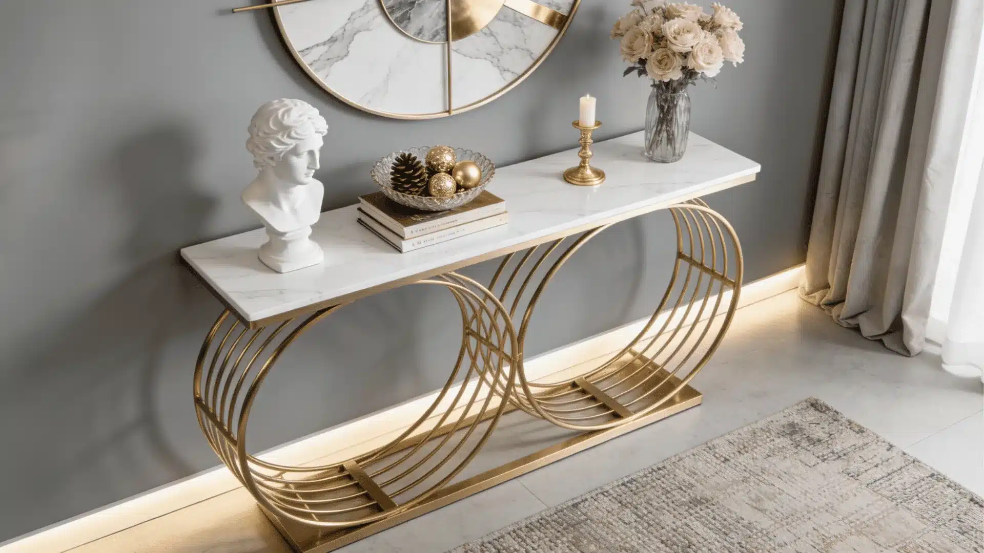 Marble console table with a gold geometric base, decor, and a bust statue