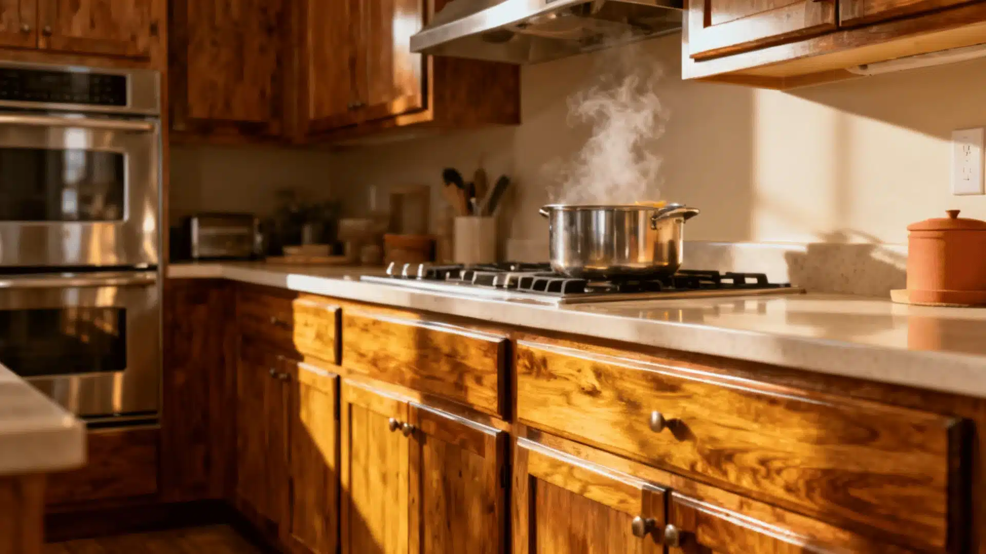 Warm wood kitchen cabinets with a steaming pot on the stove and golden sunlight