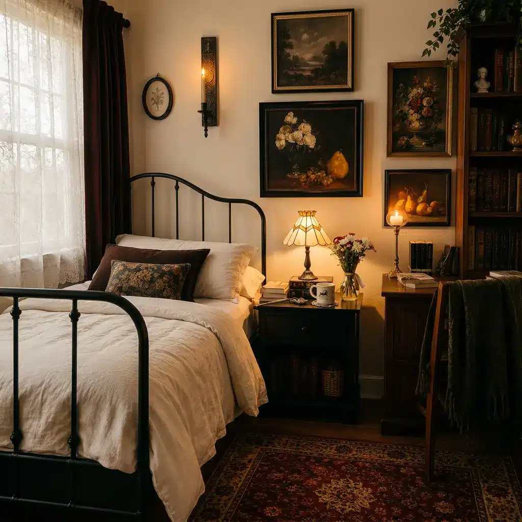dark academia bedroom iron bed frame warm lamp layered bedding vintage decor