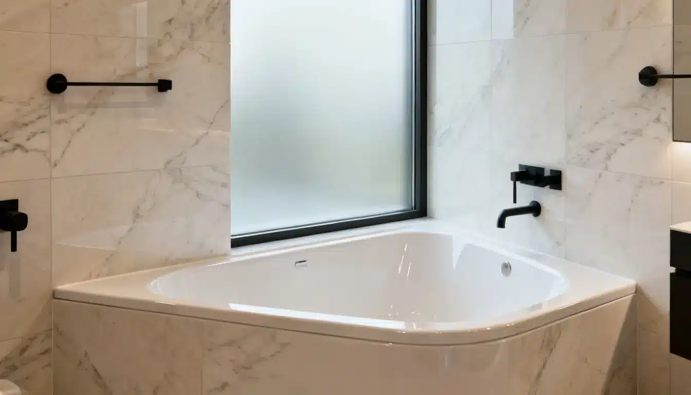 Modern bathroom with a white corner bathtub, marble tile walls, and black fixtures.