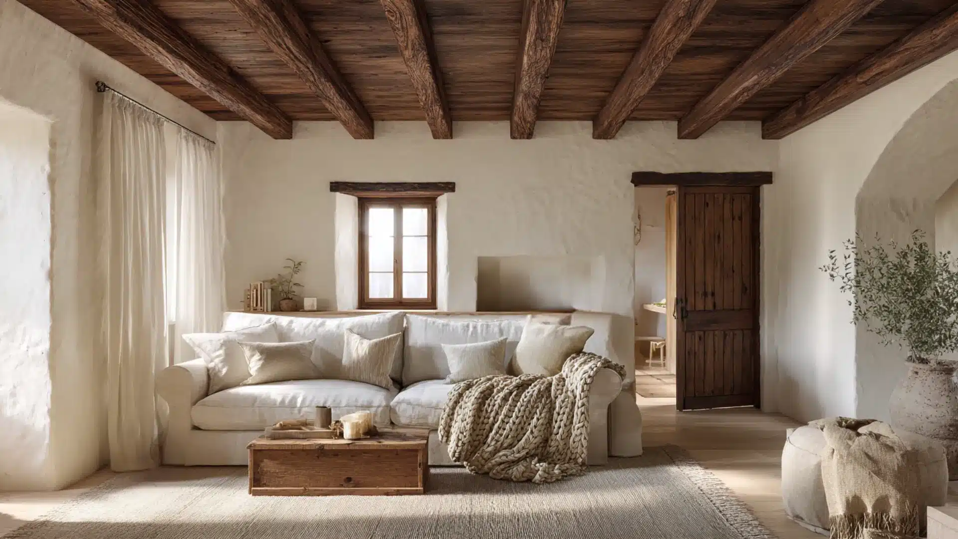 Cozy living room featuring white textured walls, a dark wood beamed ceiling, a linen sectional sofa, and a rustic wooden coffee table.