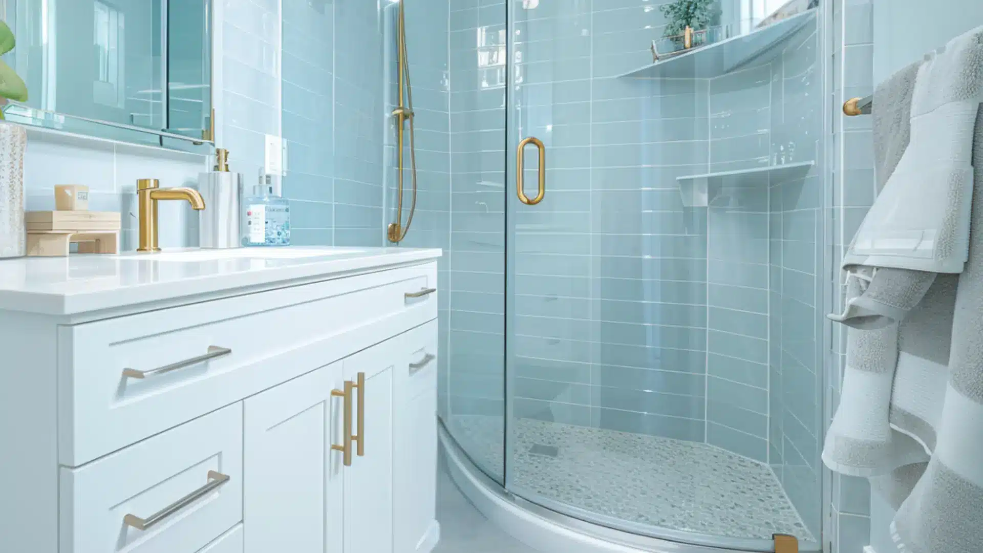 Small bathroom with curved corner glass shower and airy open layout
