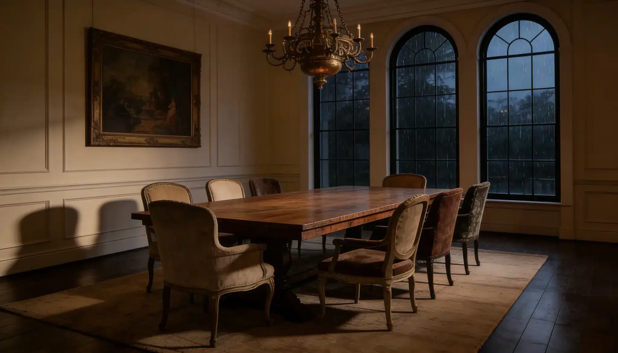 dark academia dining room wooden table upholstered chairs arched windows chandelier
