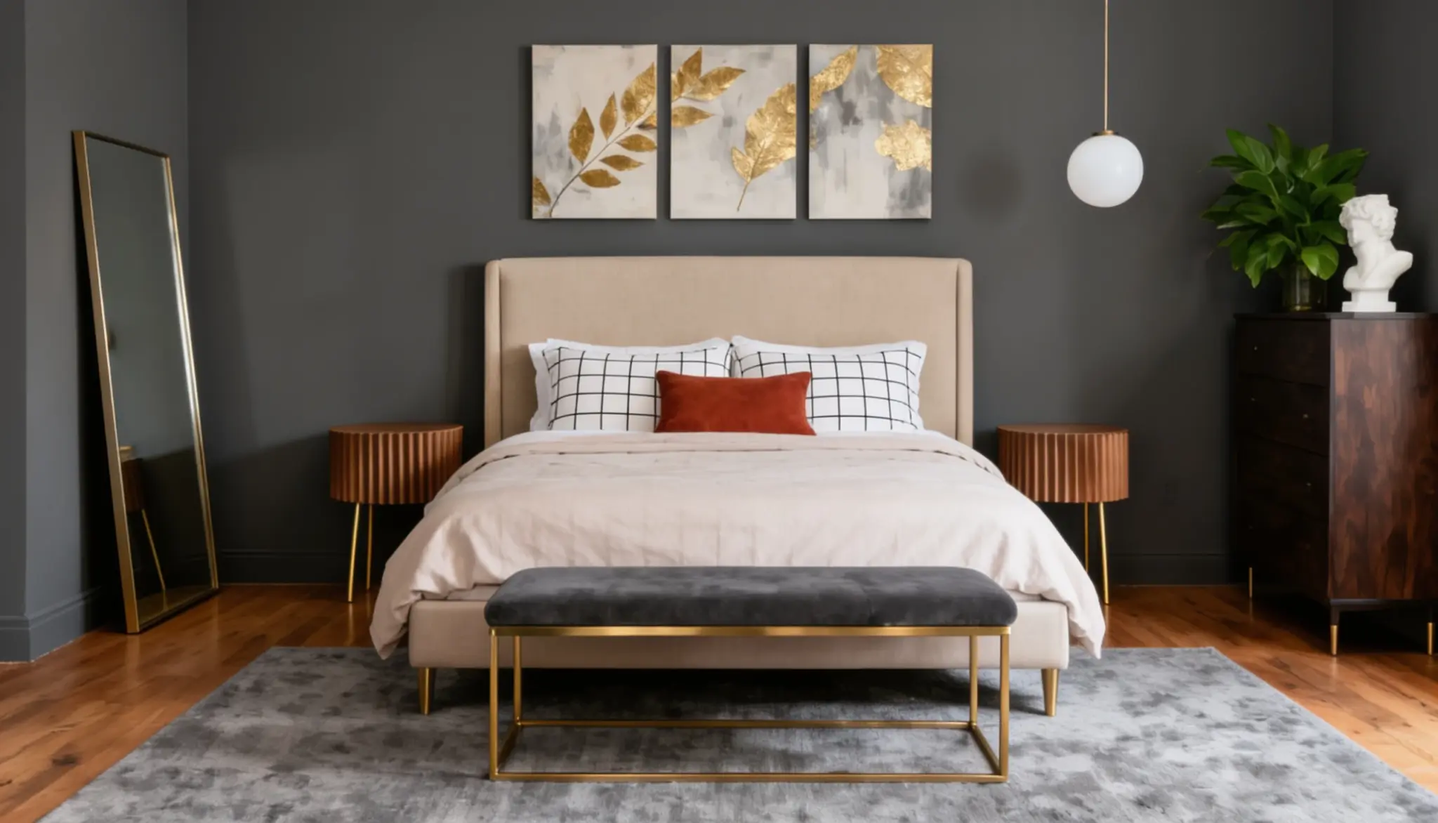 Stylish modern bedroom featuring a beige bed, gold accents, and decorative artwork on dark gray walls, creating a cozy atmosphere.