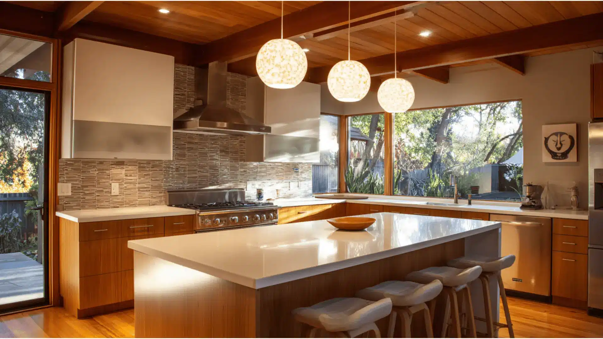 mid century modern kitchen built in wall oven vertical appliance column stacked microwave and clean lines