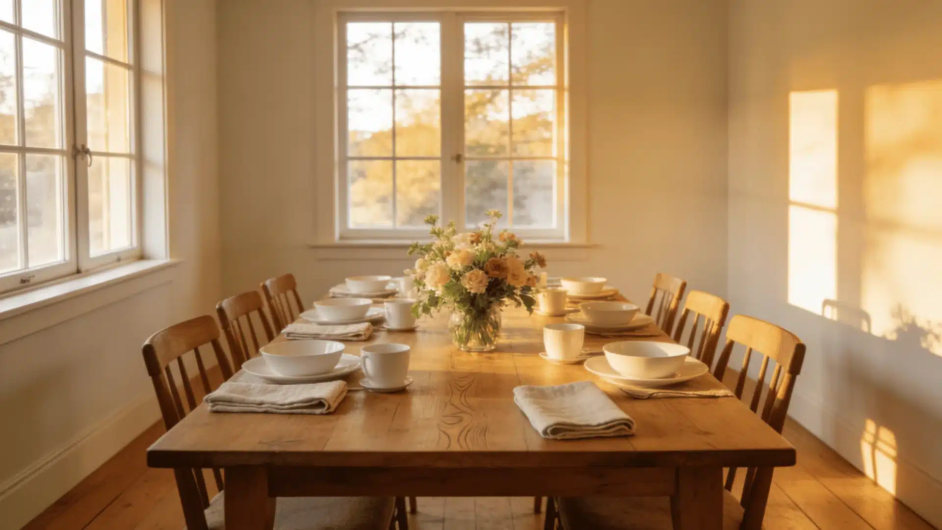 Long wooden dining table set for a meal, illuminated by warm sunset light