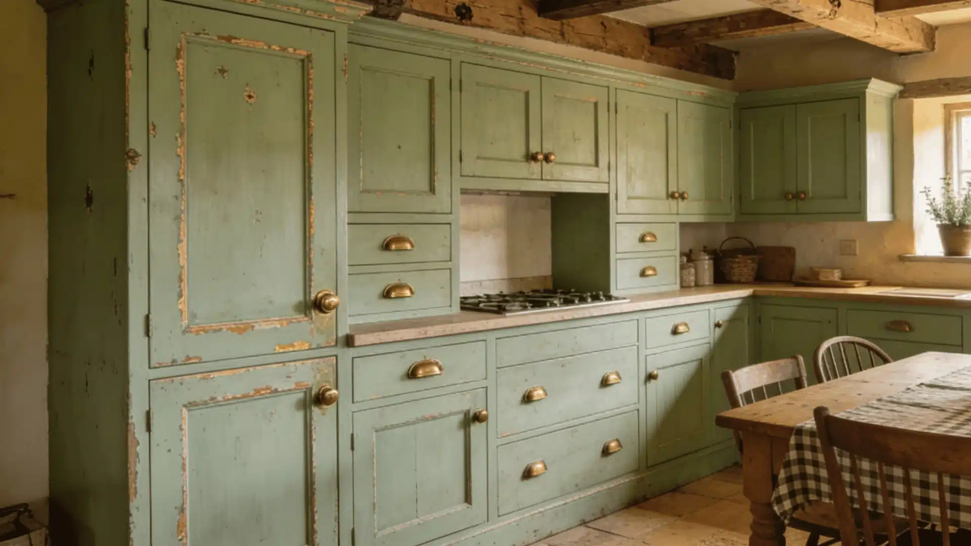 A stylish kitchen showcasing distressed cabinet finish and wooden beams, blending contemporary design with natural elements