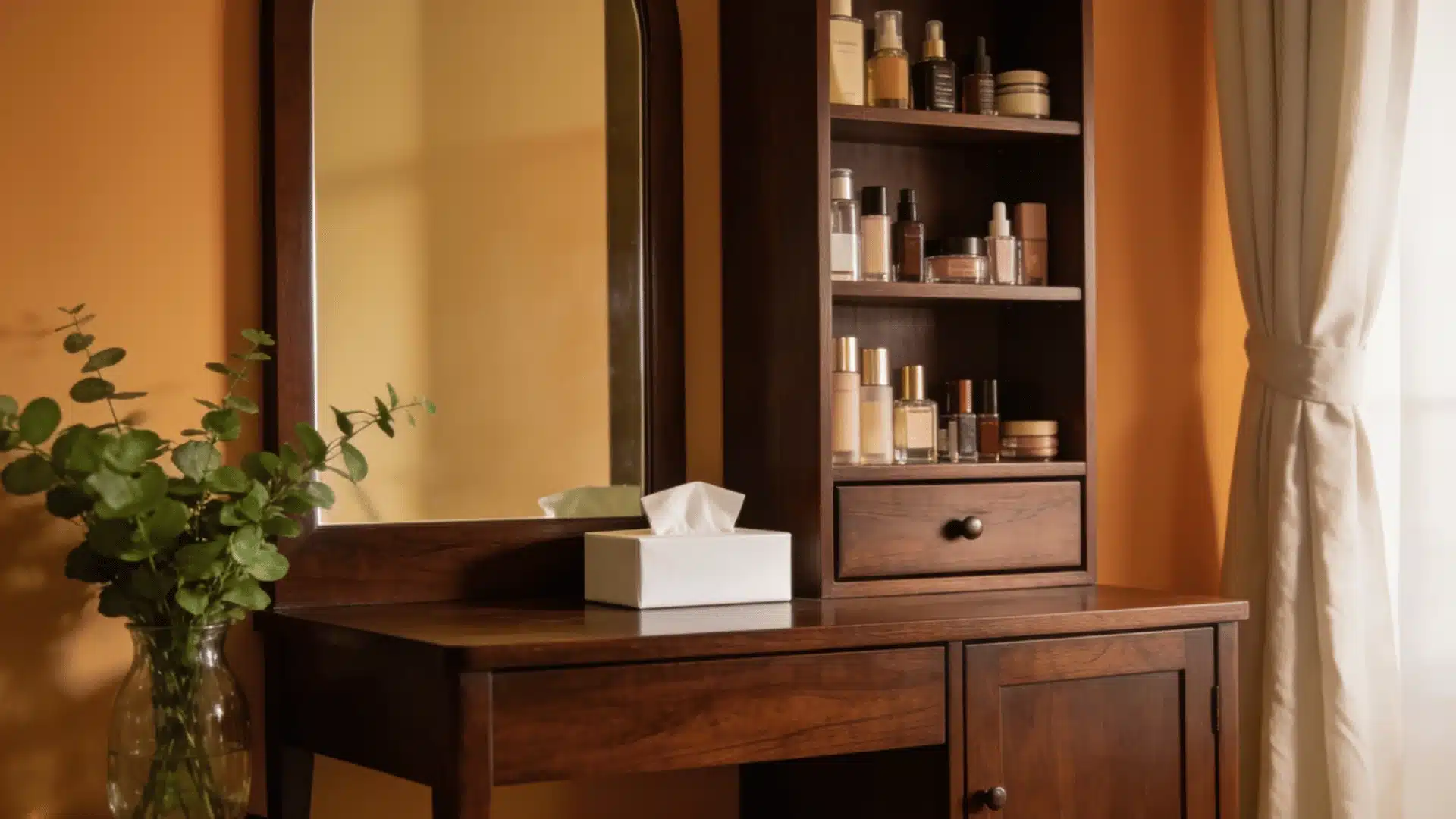 Dark wood makeup vanity with an attached mirror, shelving unit for cosmetics, and a white tissue box