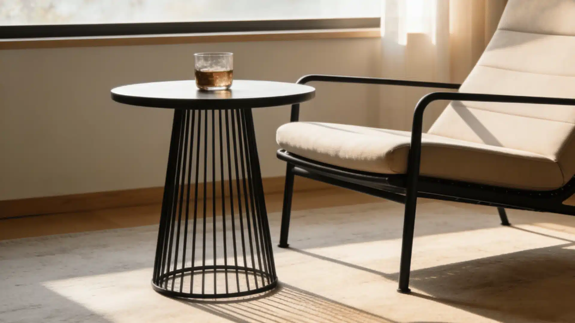 Round black metal drink table with a glass beside a sleek lounge chair