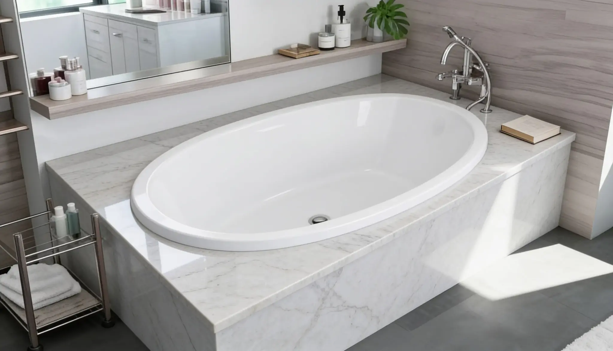 A modern oval bathtub is set into a marble-clad platform with a chrome faucet and a small stack of books.