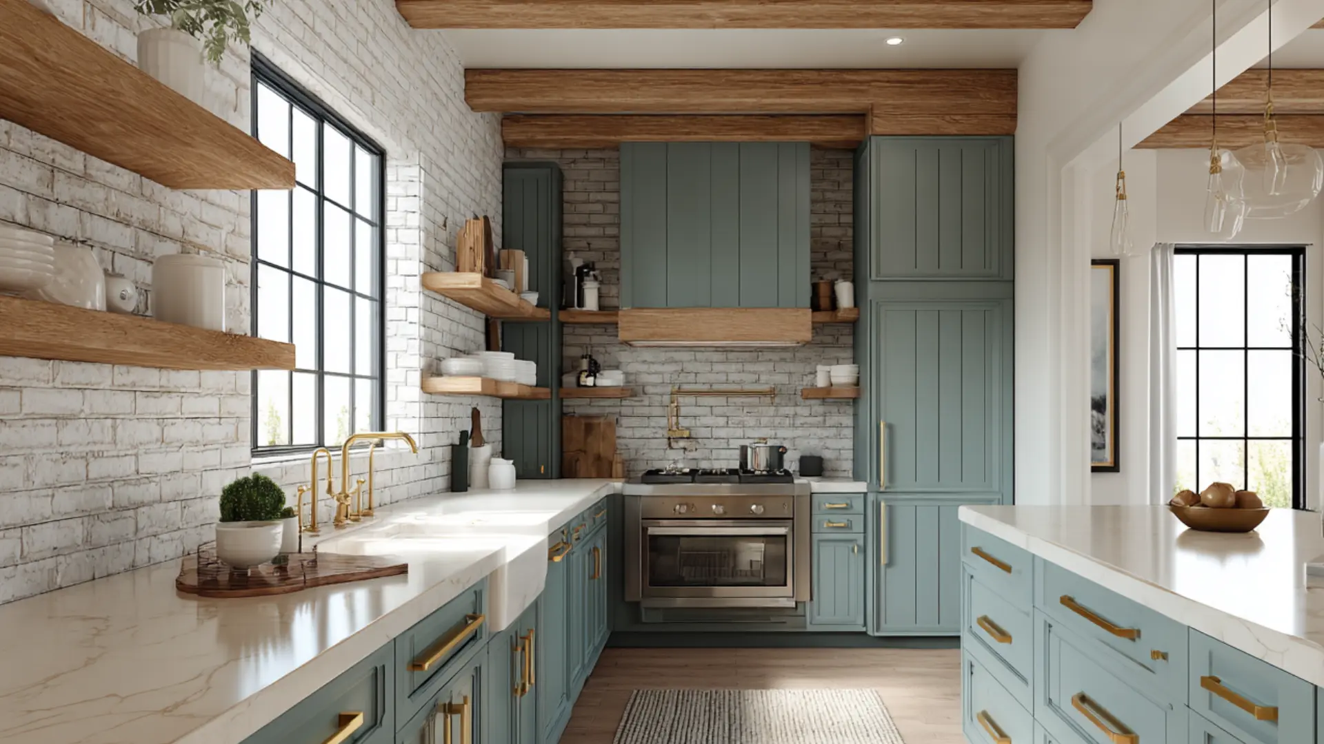 Dusty blue-green cabinets white upper cabinets brushed brass hardware cream countertops sunlit contemporary kitchen