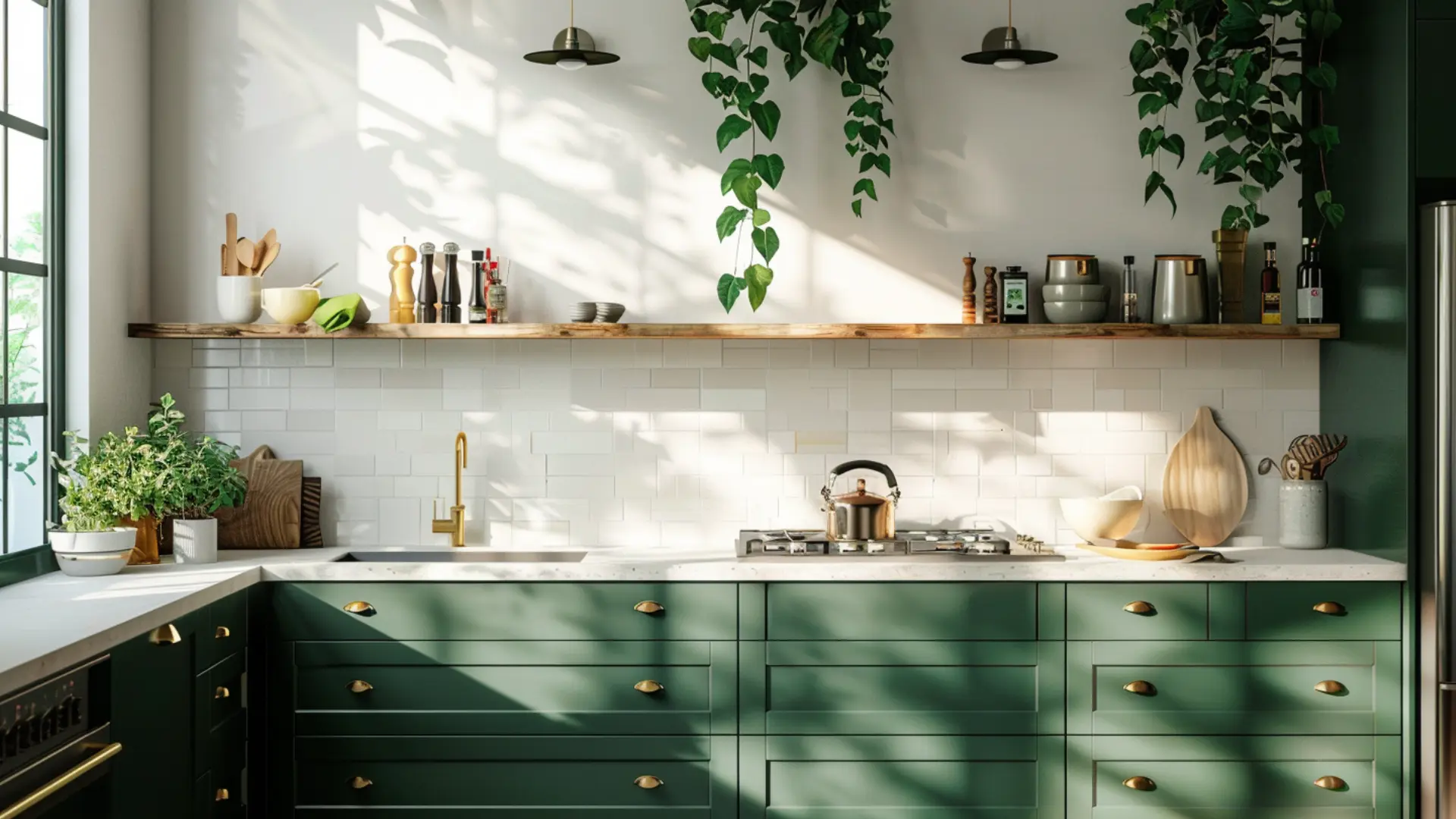 Earthy olive green matte cabinets with warm wood shelves cream countertops natural sunlight bright modern kitchen