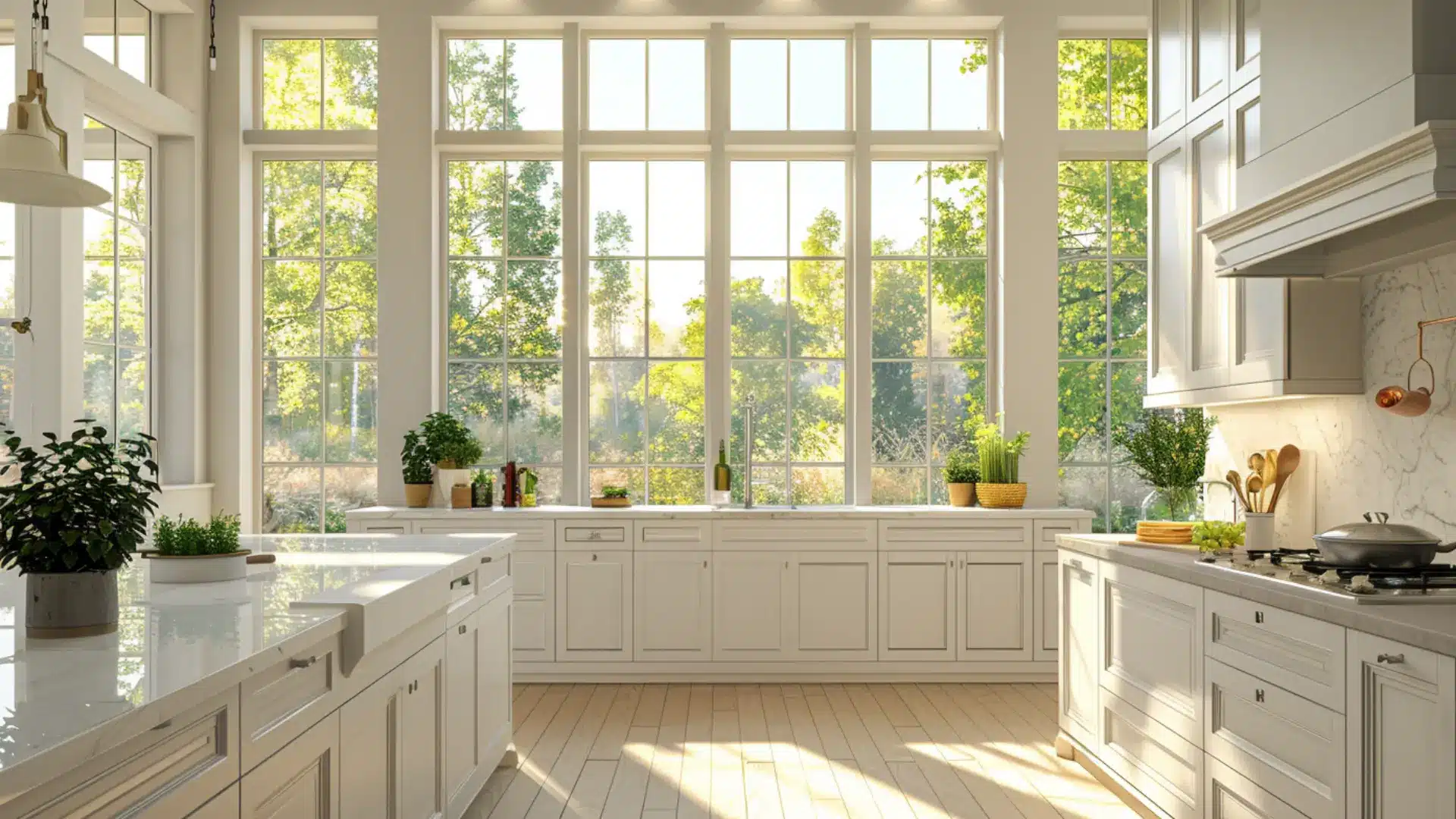 matte cabinets cream countertops brass hardware layered lighting luxury modern kitchen realistic interior
