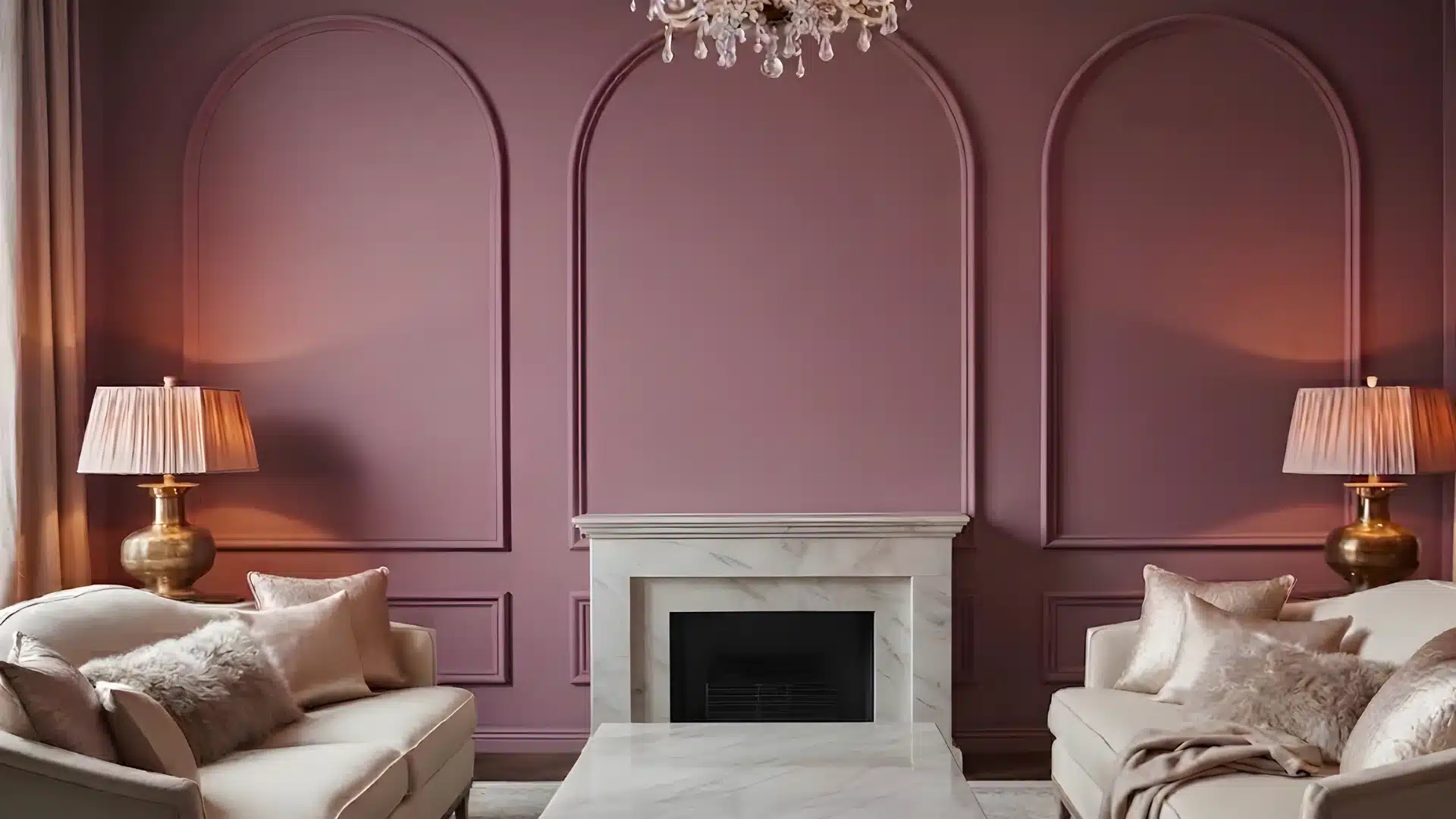 Elegant living room featuring mauve paneled walls, a white marble fireplace, a crystal chandelier, and symmetrical beige sofas with plush pillows