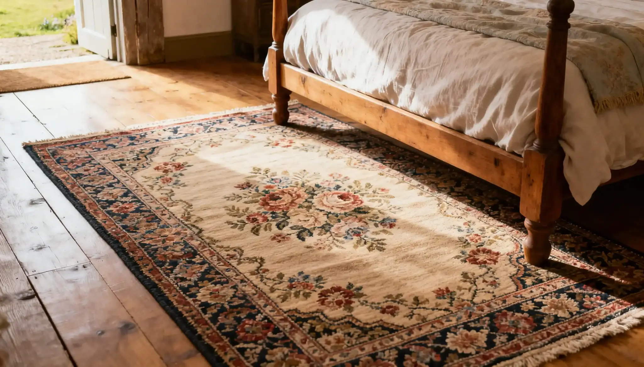 English cottage bedroom with wooden flooring and persian and floral rug