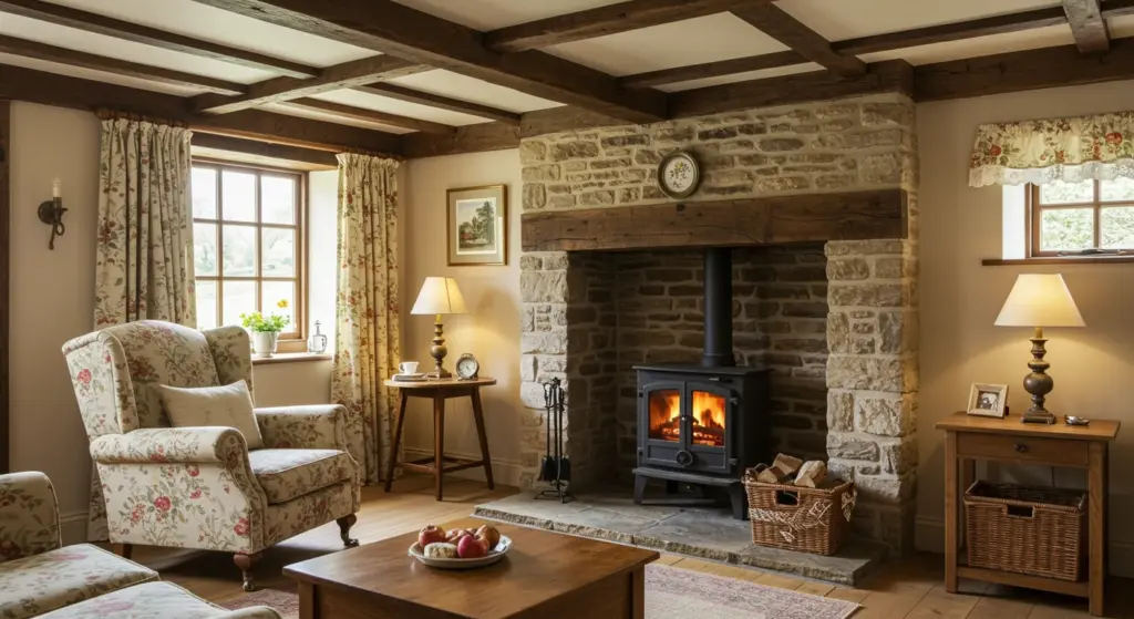 English cottage living room with a wood burning stove, creating an inviting atmosphere